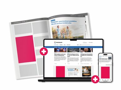 Printanzeige mit Erweiterung als digitale Smart-Ad auf Laptop und Smartphone.